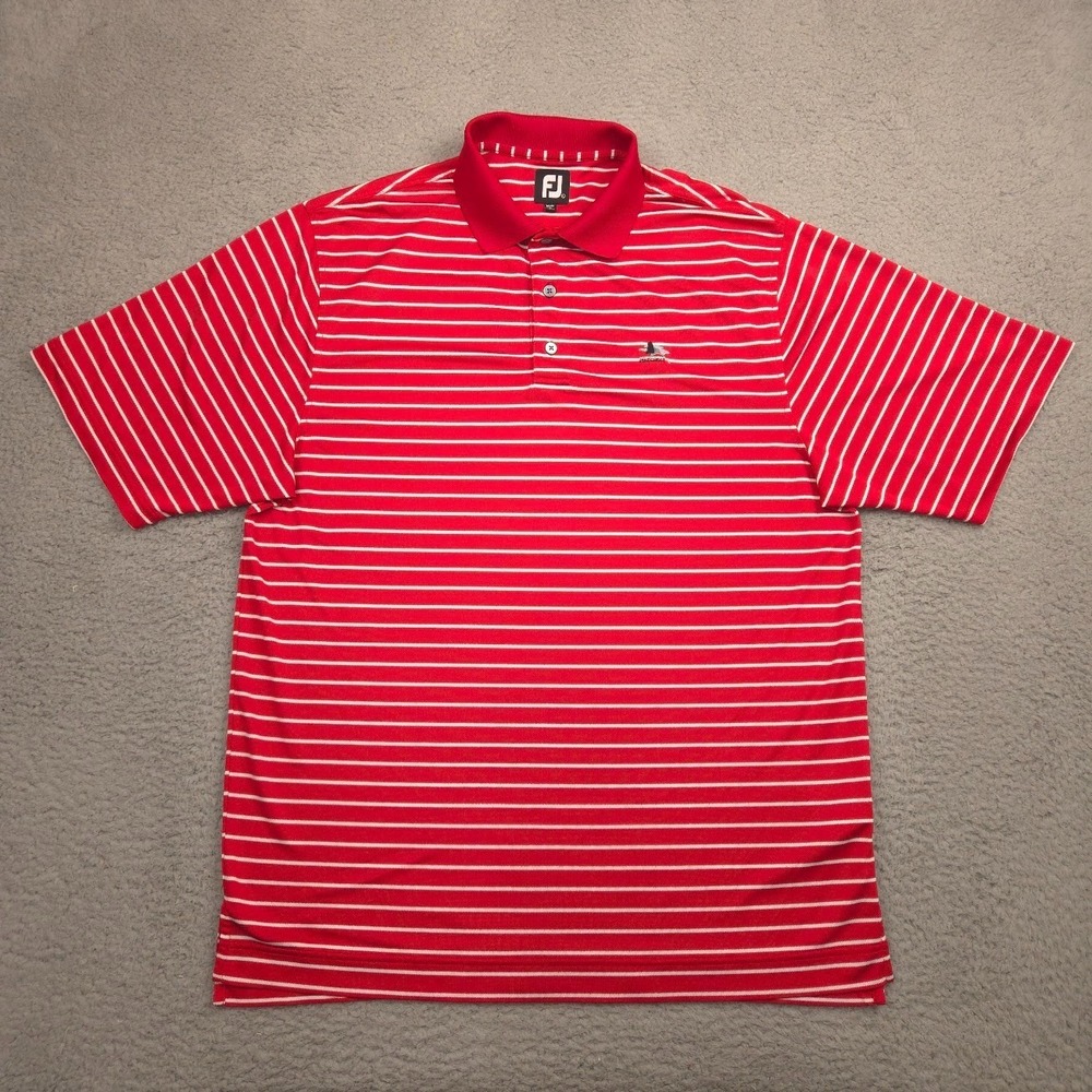FootJoy Golf Polo Shirt Men L Red White Stripe Pinecrest Embroidered Performance